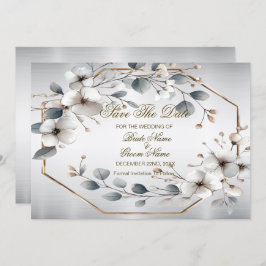 Waterverf Witte Bloemen Gouden Lijst Zilver Blauwg Save The Date