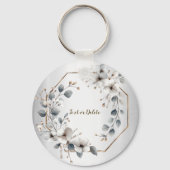 Waterverf Witte Bloemen Gouden Lijst Zilver Blauwg Sleutelhanger (Voorkant)
