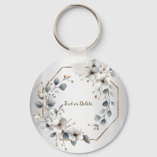 Waterverf Witte Bloemen Gouden Lijst Zilver Blauwg Sleutelhanger