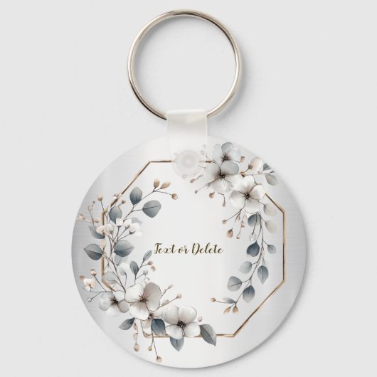 Waterverf Witte Bloemen Gouden Lijst Zilver Blauwg Sleutelhanger (Voorkant)