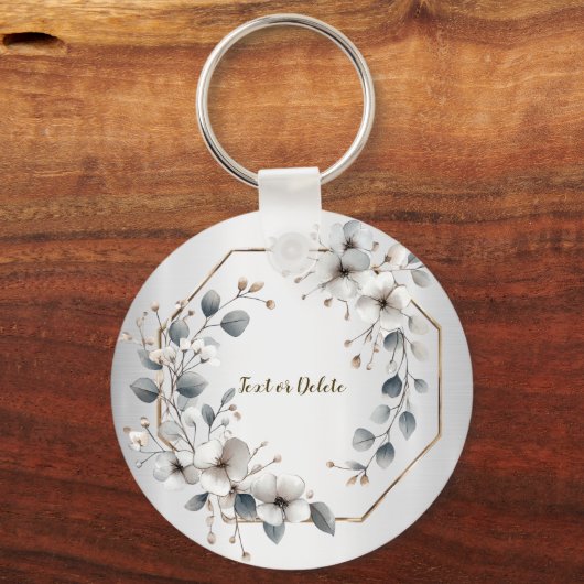 Waterverf Witte Bloemen Gouden Lijst Zilver Blauwg Sleutelhanger (Achterkant)