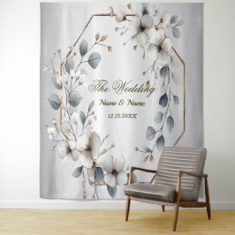 Waterverf Witte Bloemen Gouden Lijst Zilver Blauwg Wandkleed