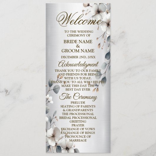 Waterverf Witte Bloemen Gouden Lijst Zilveren brui Programmakaart (Voorkant)