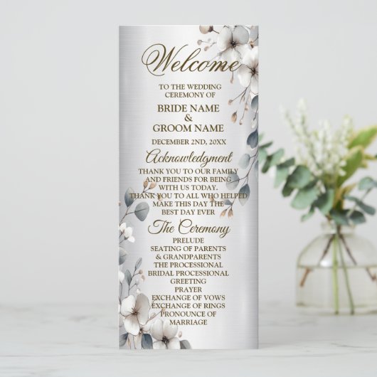 Waterverf Witte Bloemen Gouden Lijst Zilveren brui Programmakaart (Staand voorkant)