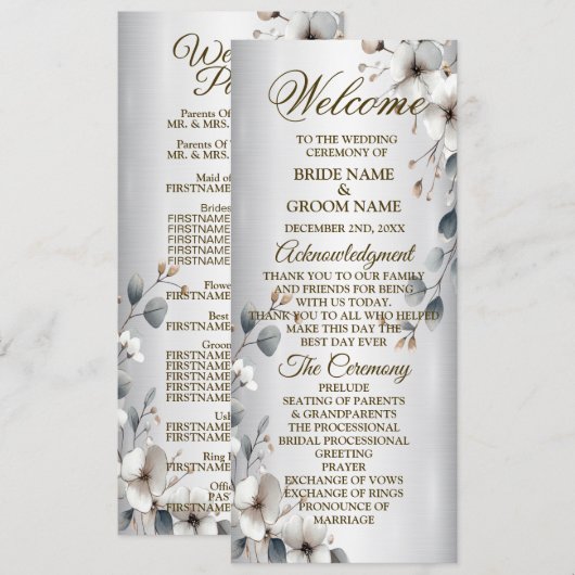 Waterverf Witte Bloemen Gouden Lijst Zilveren brui Programmakaart (Voorkant / Achterkant)