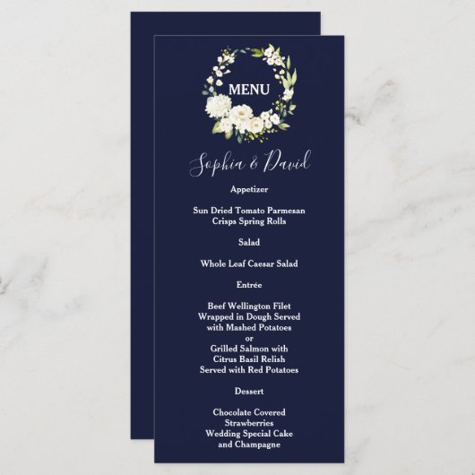 Waterverf Witte Bloemen Groene Krans Trouwen Menu (Voorkant / Achterkant)