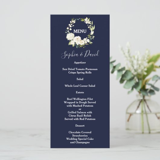 Waterverf Witte Bloemen Groene Krans Trouwen Menu (Staand voorkant)