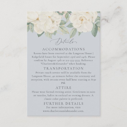 Waterverf witte bloemen, licht paster blauw informatiekaartje (Voorkant)