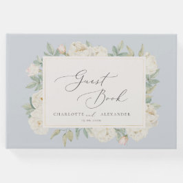 Waterverf witte bloemen, lichtblauw gastenboek