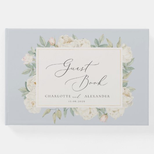 Waterverf witte bloemen, lichtblauw gastenboek (Voorkant)