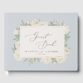 Waterverf witte bloemen, lichtblauw gastenboek