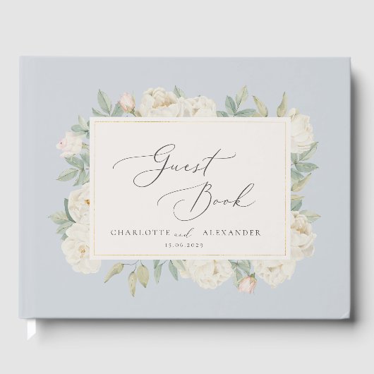 Waterverf witte bloemen, lichtblauw gastenboek (Voorkant)