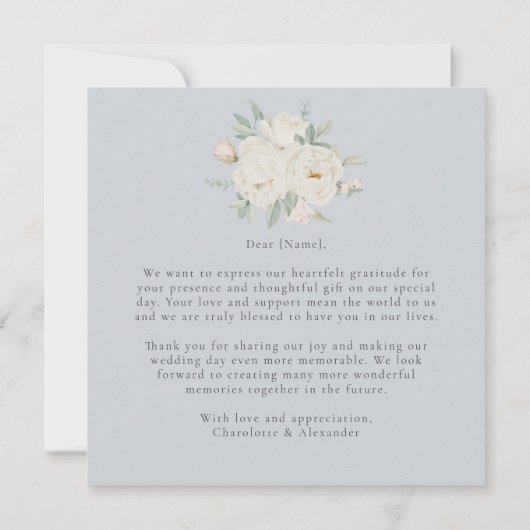 Waterverf witte bloemen, lichtblauwe bruiloft bedankkaart (Achterkant)