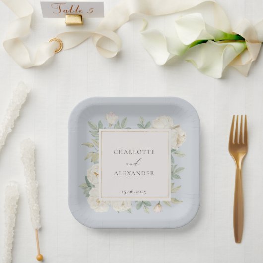 Waterverf witte bloemen, lichtblauwe bruiloft papieren bordje (Huwelijk)