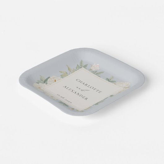 Waterverf witte bloemen, lichtblauwe bruiloft papieren bordje (Gebogen)