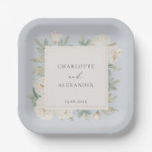 Waterverf witte bloemen, lichtblauwe bruiloft papieren bordje (Voorkant)
