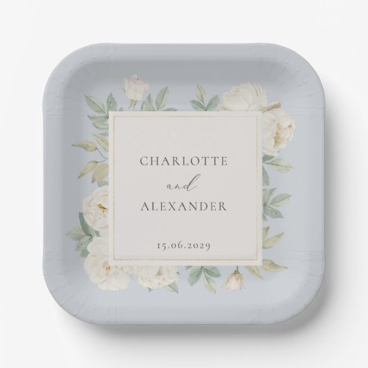 Waterverf witte bloemen, lichtblauwe bruiloft papieren bordje (Voorkant)