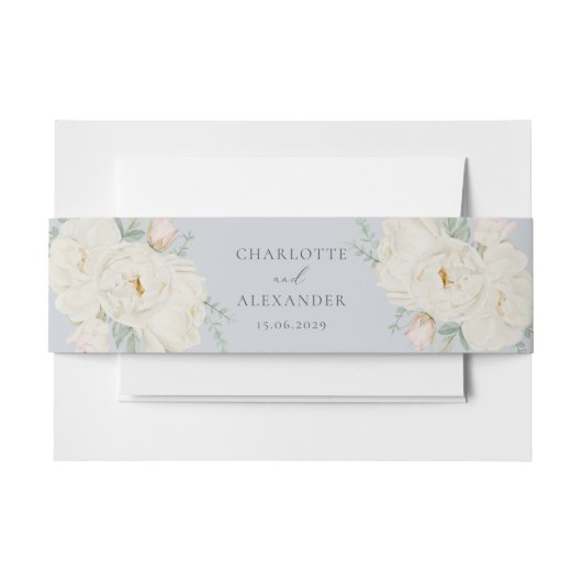 Waterverf witte bloemen, lichtblauwe bruiloft uitnodigingen wikkel (Voorkant Voorbeeld)