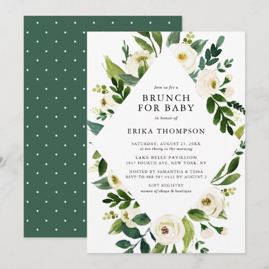Waterverf Witte Bloemen Lijst Baby shower Brunch Kaart (Voorkant / Achterkant)