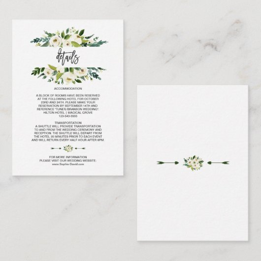 Waterverf Witte Bloemen Lijst Trouwdetails Informatiekaartje (Voorkant / Achterkant)