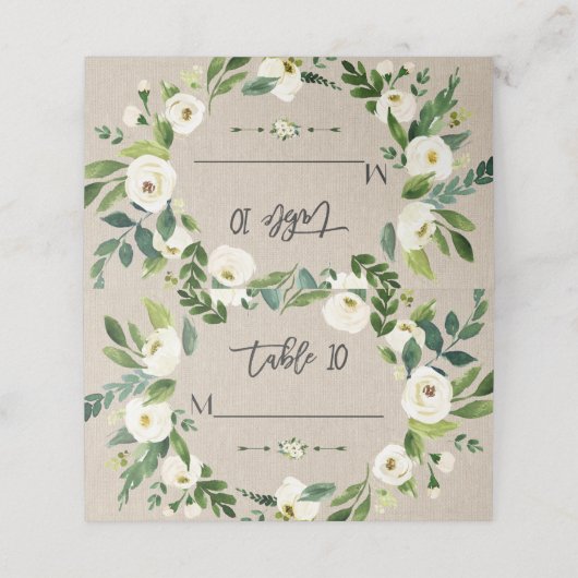 Waterverf Witte Bloemen Linnen Canvas Trouwen Plaatskaartje (Buitenkant ongevouwen)