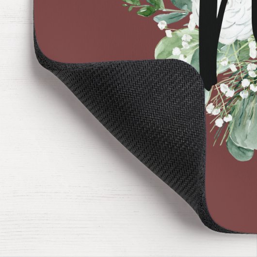  waterverf witte bloemen Monogram Burgundy Muismat (Hoek)