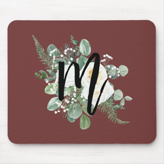  waterverf witte bloemen Monogram Burgundy Muismat (Voorkant)