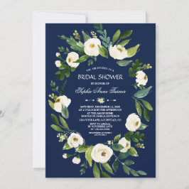 Waterverf Witte Bloemen Navy Blauwe Bruiloft Kaart