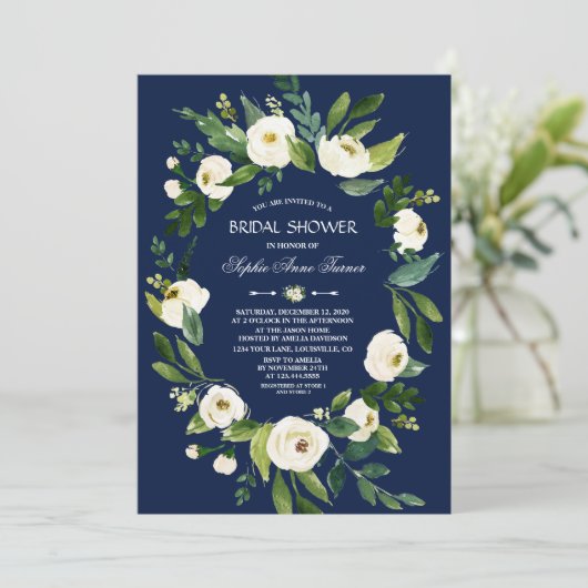 Waterverf Witte Bloemen Navy Blauwe Bruiloft Kaart (Staand voorkant)