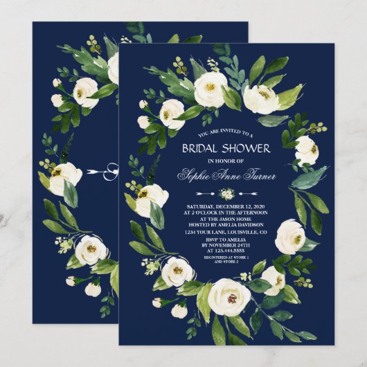 Waterverf Witte Bloemen Navy Blauwe Bruiloft Kaart (Voorkant / Achterkant)