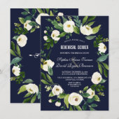 Waterverf Witte Bloemen Navy Blauwe Oefen Diner Kaart (Voorkant / Achterkant)