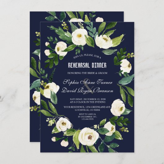 Waterverf Witte Bloemen Navy Blauwe Oefen Diner Kaart (Voorkant / Achterkant)