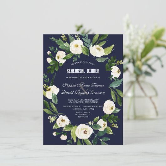 Waterverf Witte Bloemen Navy Blauwe Oefen Diner Kaart (Staand voorkant)