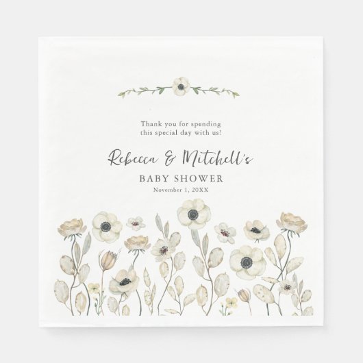 Waterverf Witte Bloemen neutraal gender baby showe Servet (Voorkant)