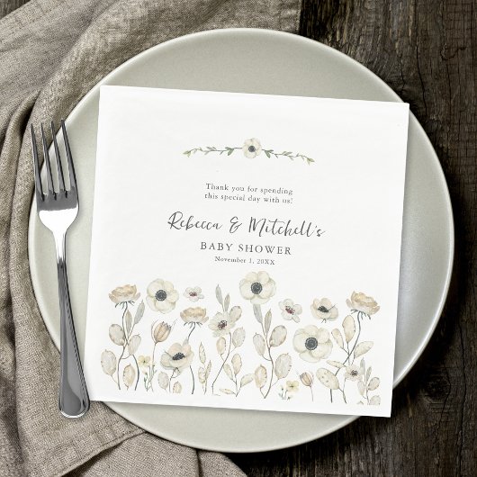 Waterverf Witte Bloemen neutraal gender baby showe Servet