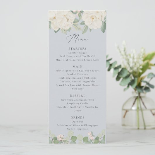 Waterverf witte bloemen, pastelblauw menu (Staand voorkant)