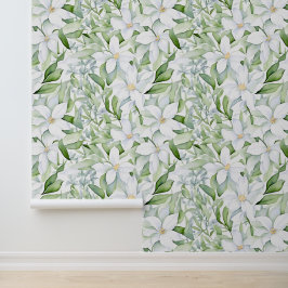  Waterverf Witte Bloemen Salie Groen Blad Behang