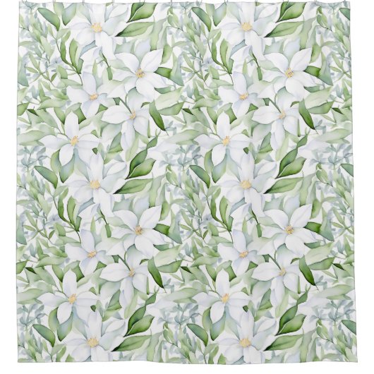  Waterverf Witte Bloemen Salie Groen Blad Douchegordijn (Voorkant)