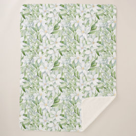  Waterverf Witte Bloemen Salie Groen Blad Sherpa Deken