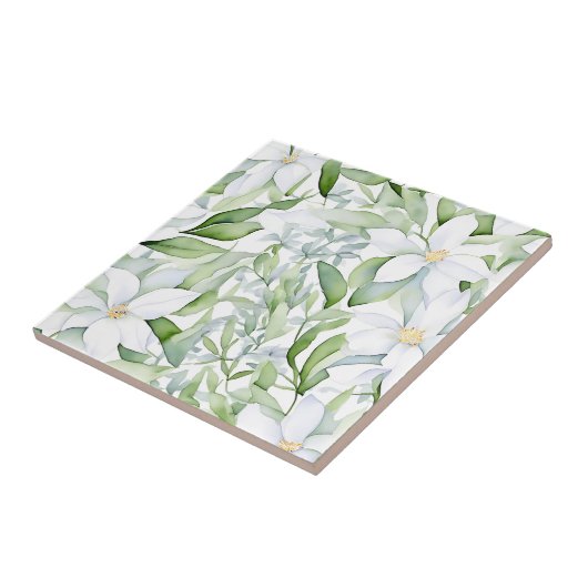  Waterverf Witte Bloemen Salie Groen Blad Tegeltje (Zijkant)