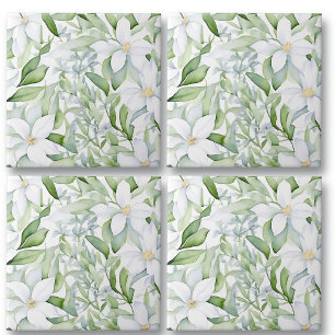 Waterverf Witte Bloemen Salie Groen Blad Tegeltje