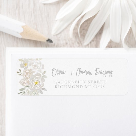 Waterverf witte bloemen Script-adreslabel Etiket (Insitu)