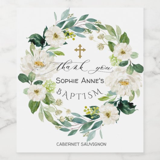 Waterverf Witte bloemen Warm kruis Wijn Etiket (Enkel label)