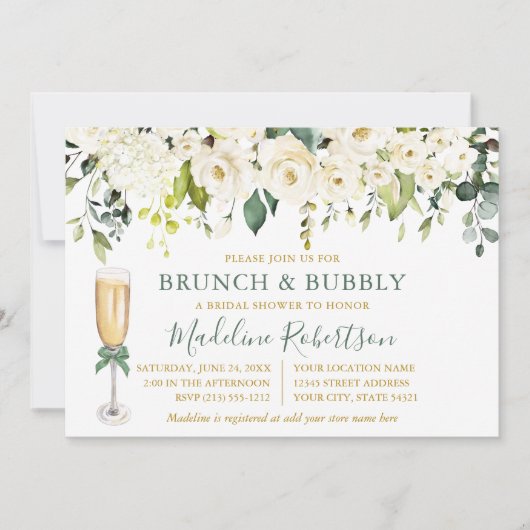 Waterverf Witte Bloemen Wijze Groene Bruids Brunch Kaart (Voorkant)