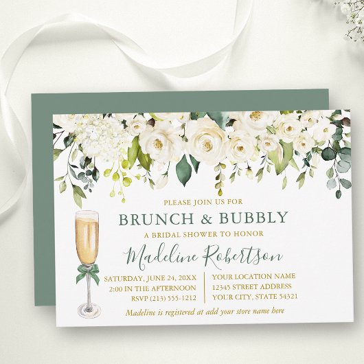 Waterverf Witte Bloemen Wijze Groene Bruids Brunch Kaart