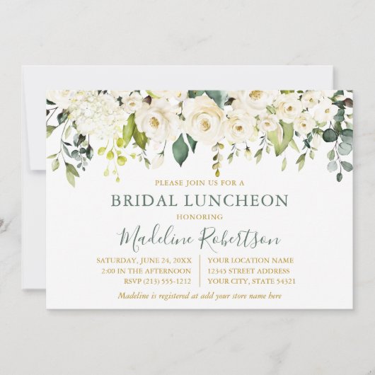 Waterverf Witte Bloemen Wijze Groene Bruids Lunche Kaart (Voorkant)