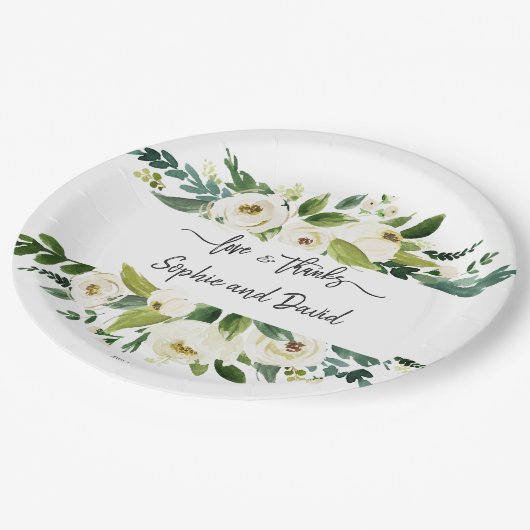 Waterverf Witte Bloemenframe Liefde en Dank Papieren Bordje (Gekanteld)