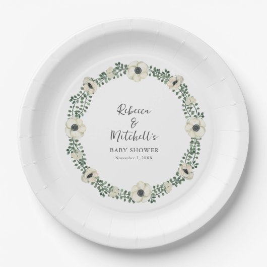 Waterverf Witte Bloemenkrans baby shower Papieren Bordje (Voorkant)