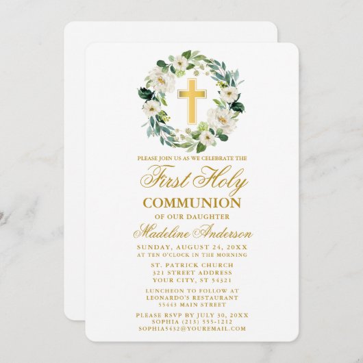 Waterverf witte bloemenkrans eerste communie kaart (Voorkant / Achterkant)