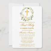 Waterverf Witte Bloemenkrans Gouden Communie Kaart (Voorkant)